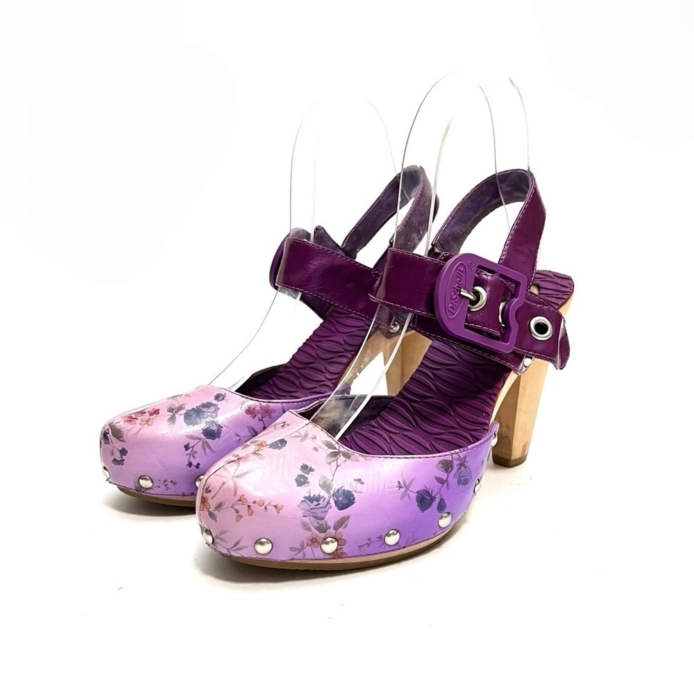Vintage Y2K purple floral leather strappy heeled wooden clogs - Picture 6 of 8